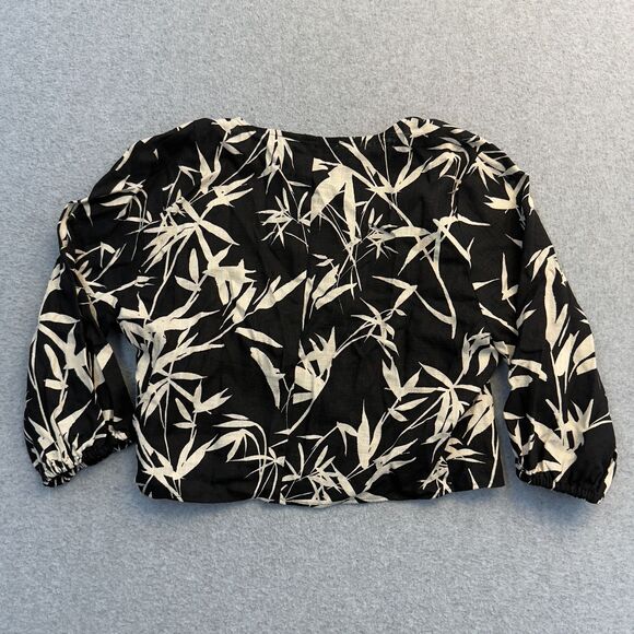 Express Shirt Women's Small Black Beige Sleeve Faux Wrap Top Linen Blend Blouse - Picture 2 of 8